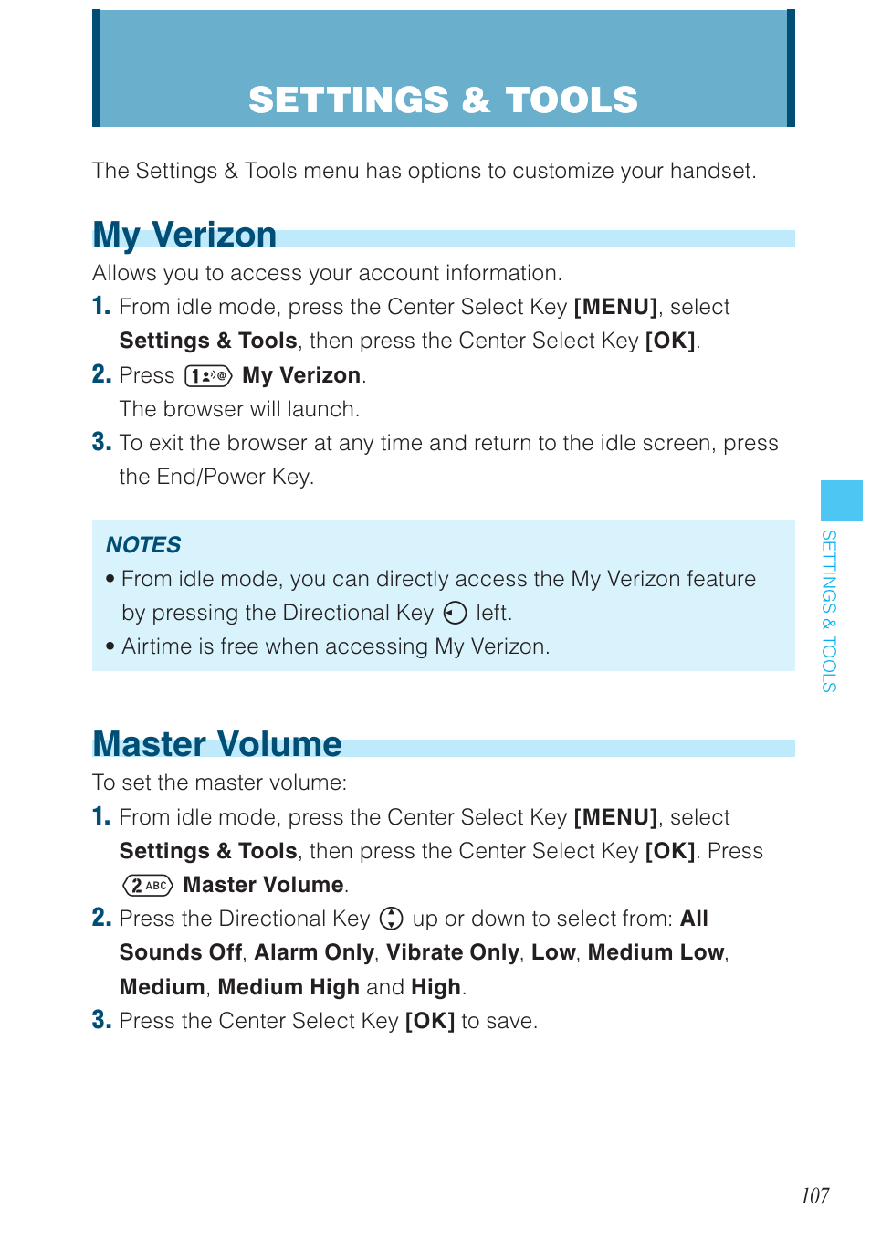 Settings & tools, My verizon, Master volume | Casio G'zOne Ravine User Manual | Page 108 / 212
