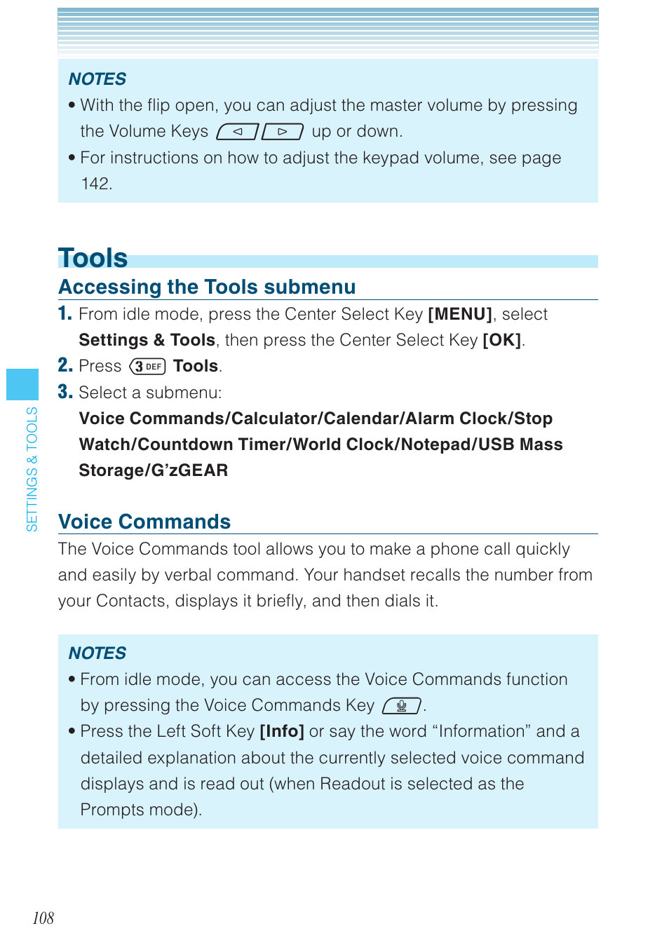 Tools, Accessing the tools submenu, Voice commands | Casio G'zOne Ravine User Manual | Page 109 / 212