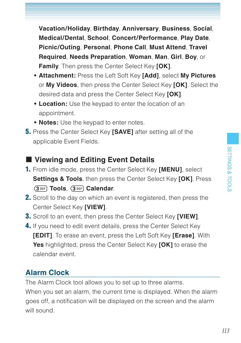 Viewing and editing event details, Alarm clock | Casio G'zOne Ravine User Manual | Page 114 / 212