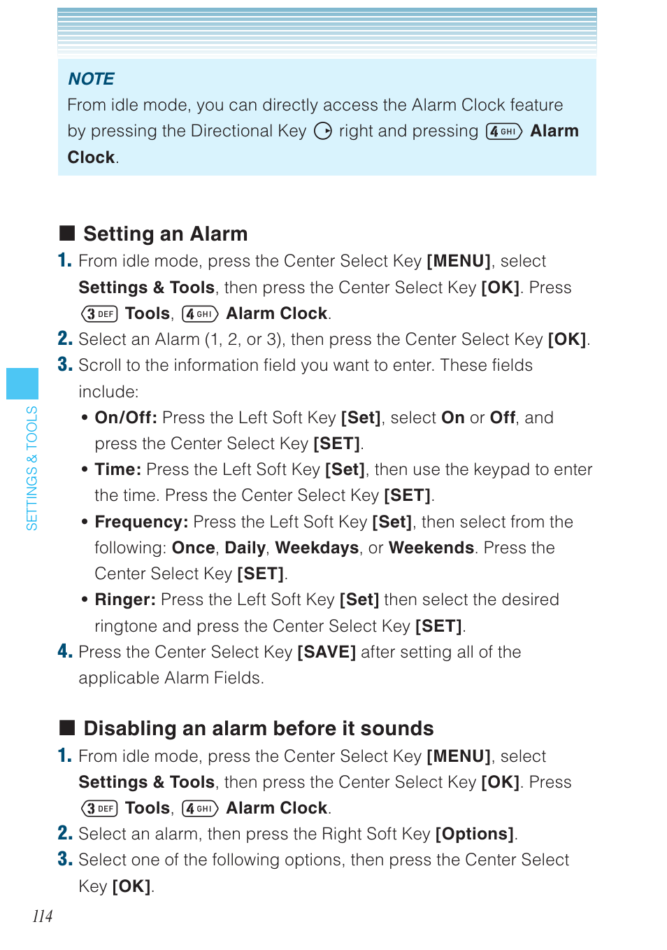 Setting an alarm, Disabling an alarm before it sounds | Casio G'zOne Ravine User Manual | Page 115 / 212