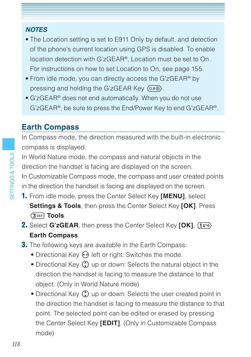 Earth compass | Casio G'zOne Ravine User Manual | Page 119 / 212