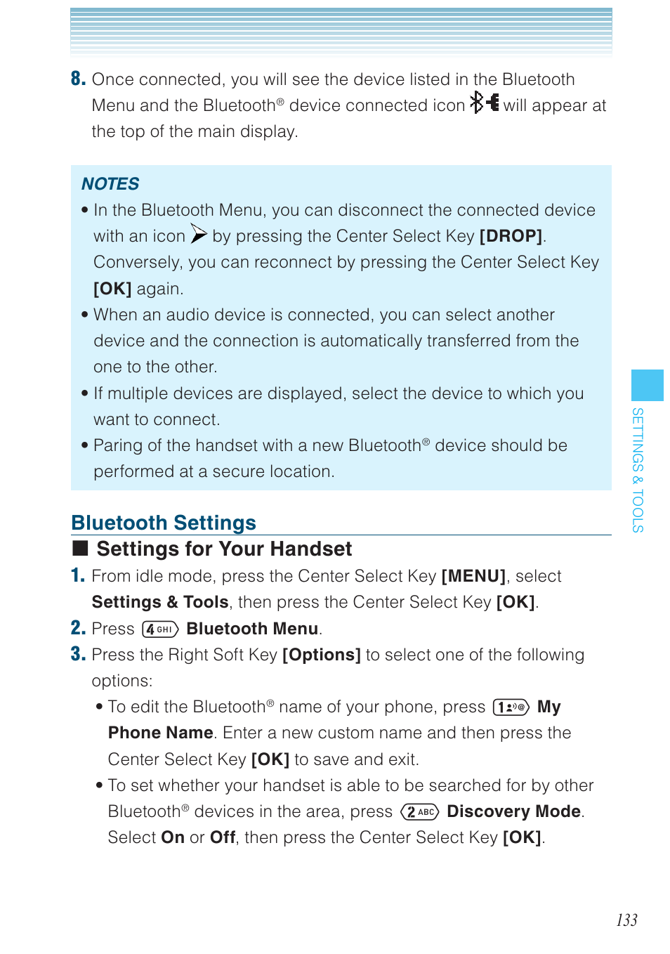 Bluetooth settings settings for your handset | Casio G'zOne Ravine User Manual | Page 134 / 212