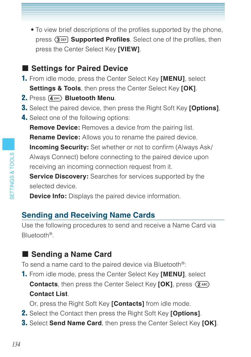 Settings for paired device, Sending and receiving name cards, Sending a name card | Casio G'zOne Ravine User Manual | Page 135 / 212