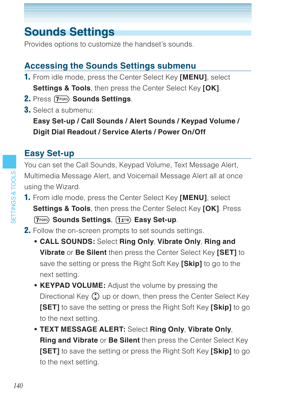 Sounds settings, Accessing the sounds settings submenu, Easy set-up | Casio G'zOne Ravine User Manual | Page 141 / 212