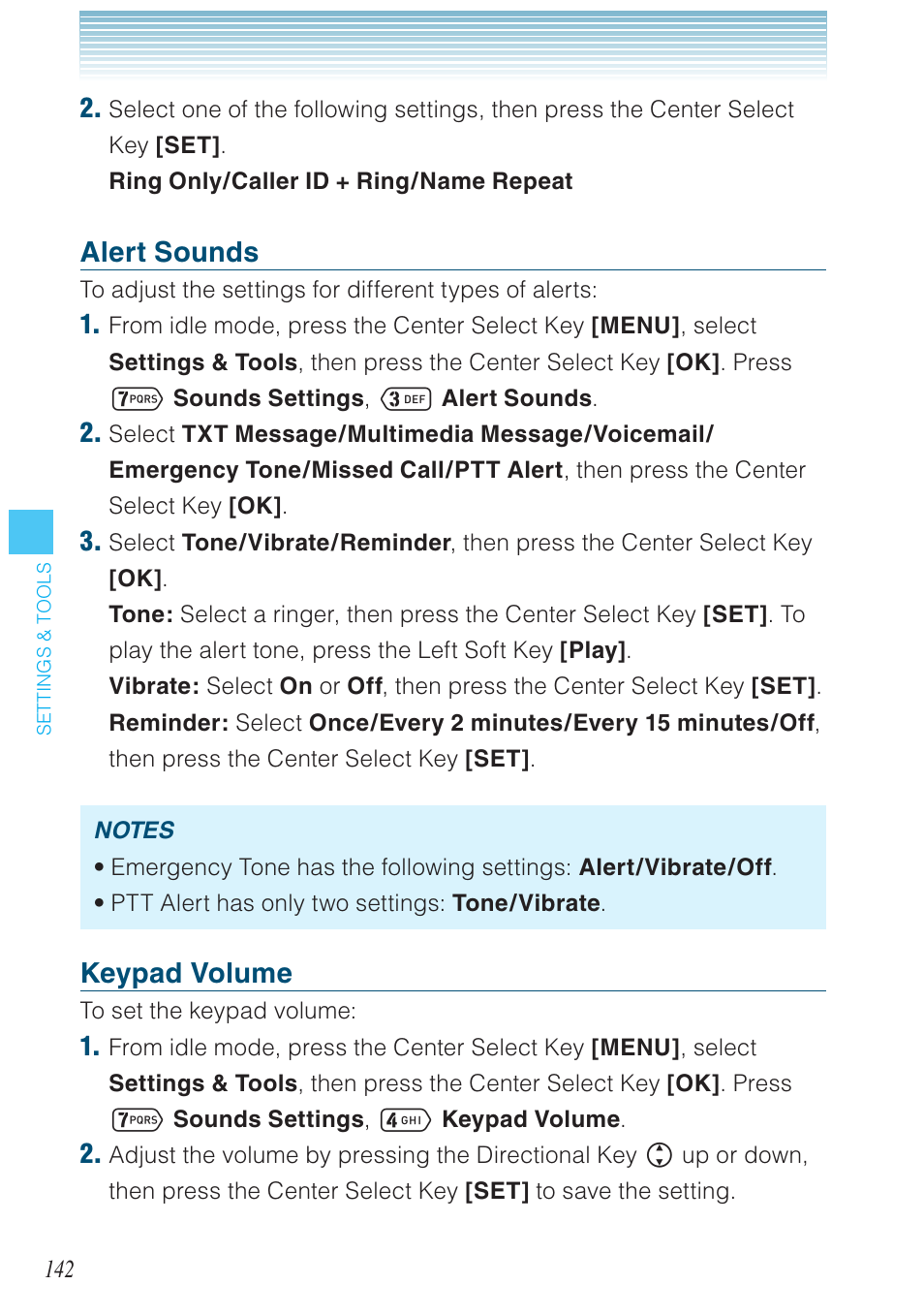 Alert sounds, Keypad volume | Casio G'zOne Ravine User Manual | Page 143 / 212