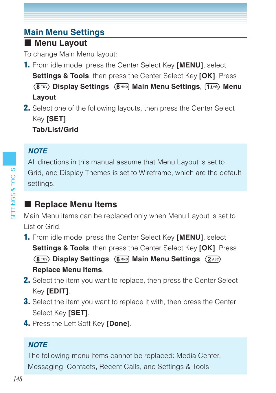 Main menu settings menu layout, Replace menu items | Casio G'zOne Ravine User Manual | Page 149 / 212