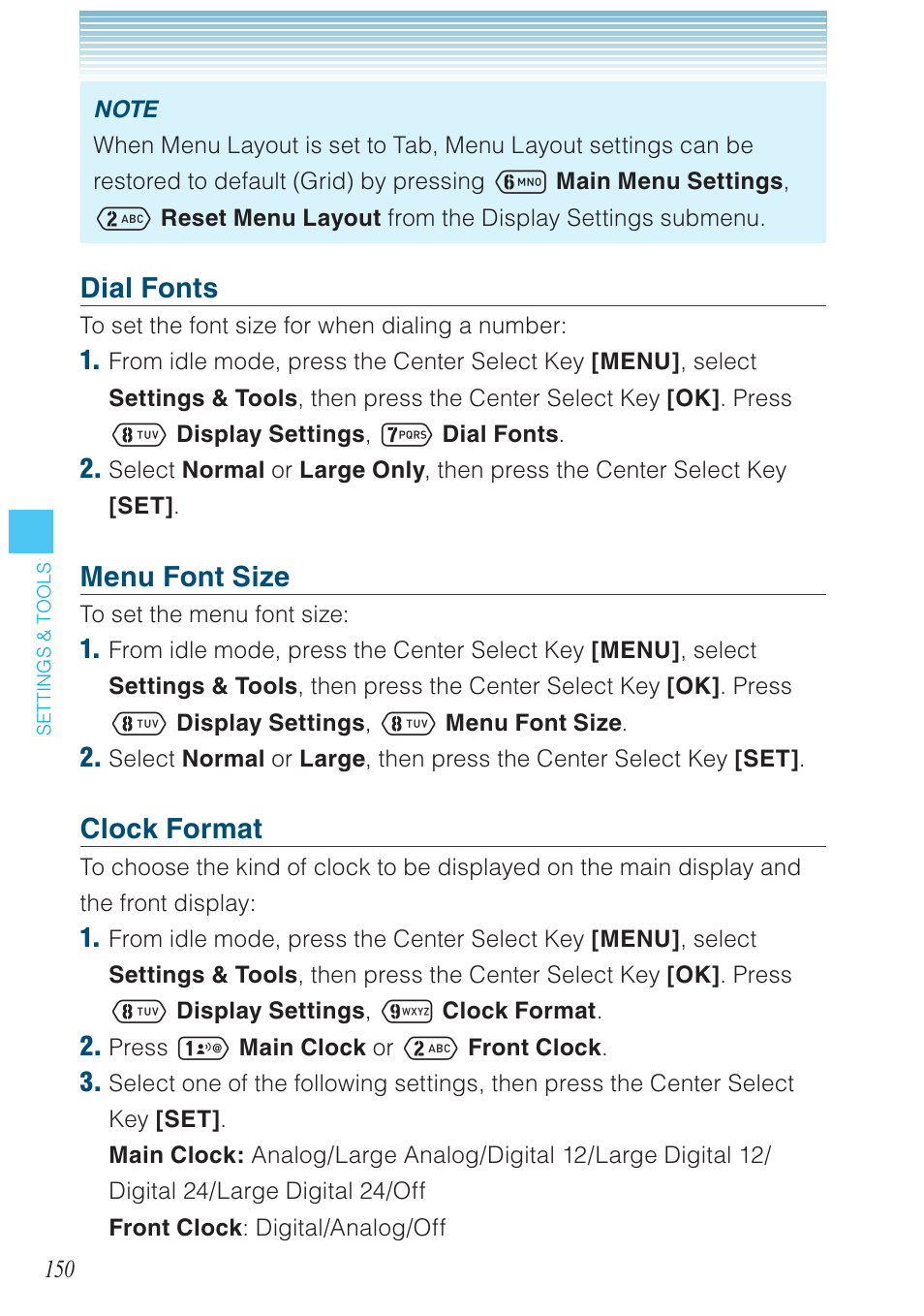 Dial fonts, Menu font size, Clock format | Casio G'zOne Ravine User Manual | Page 151 / 212
