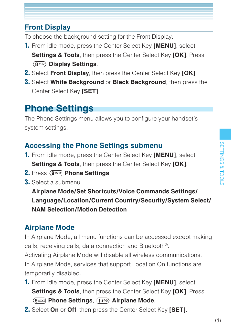 Phone settings, Front display, Accessing the phone settings submenu | Airplane mode | Casio G'zOne Ravine User Manual | Page 152 / 212