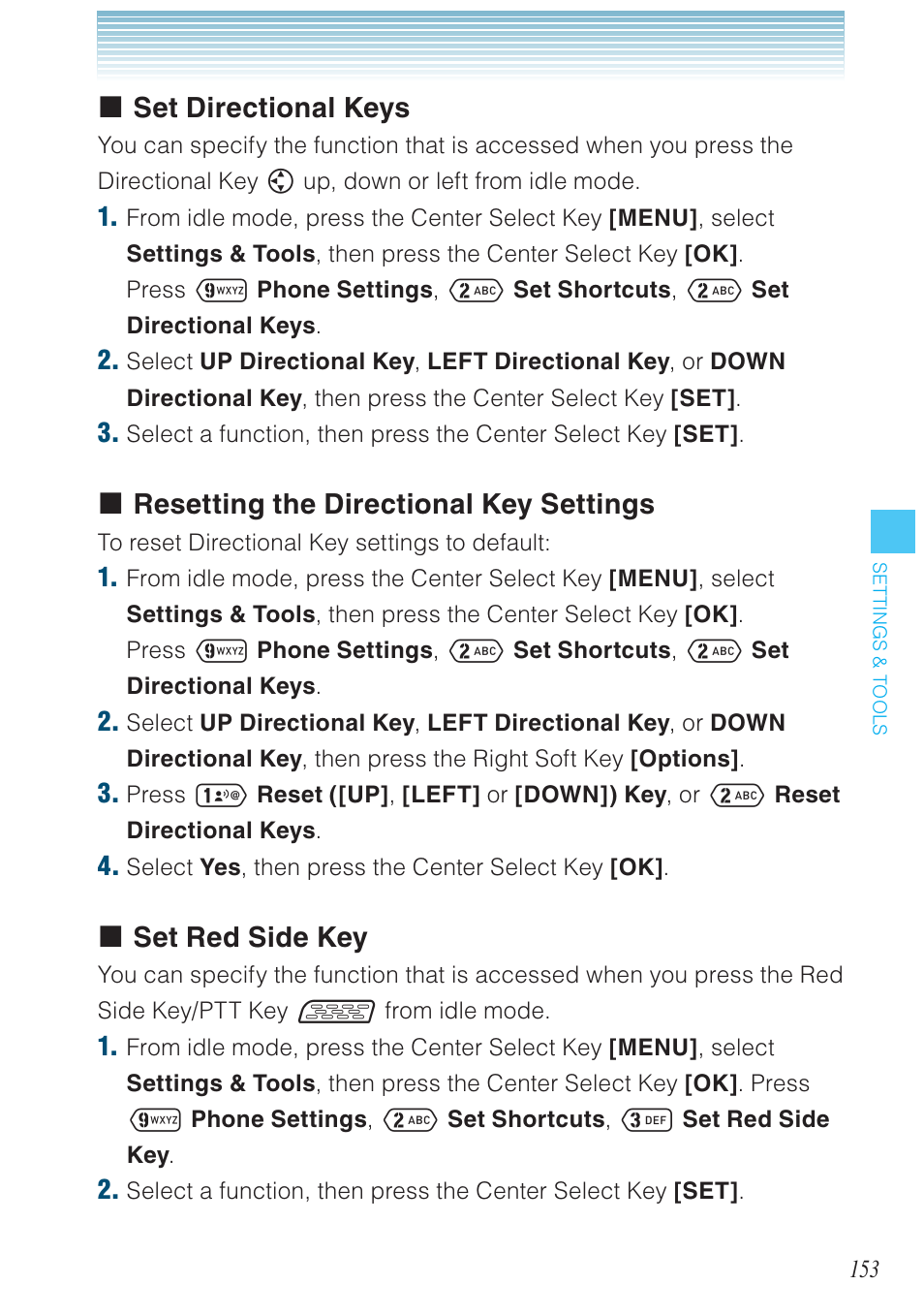 Set directional keys, Resetting the directional key settings, Set red side key | Casio G'zOne Ravine User Manual | Page 154 / 212