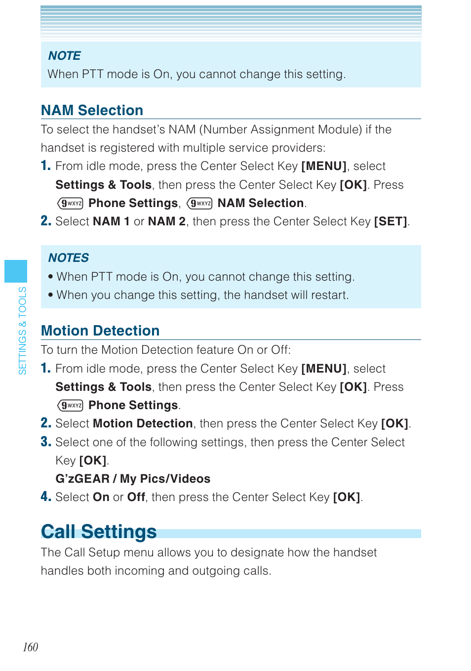 Call settings, Nam selection, Motion detection | Casio G'zOne Ravine User Manual | Page 161 / 212