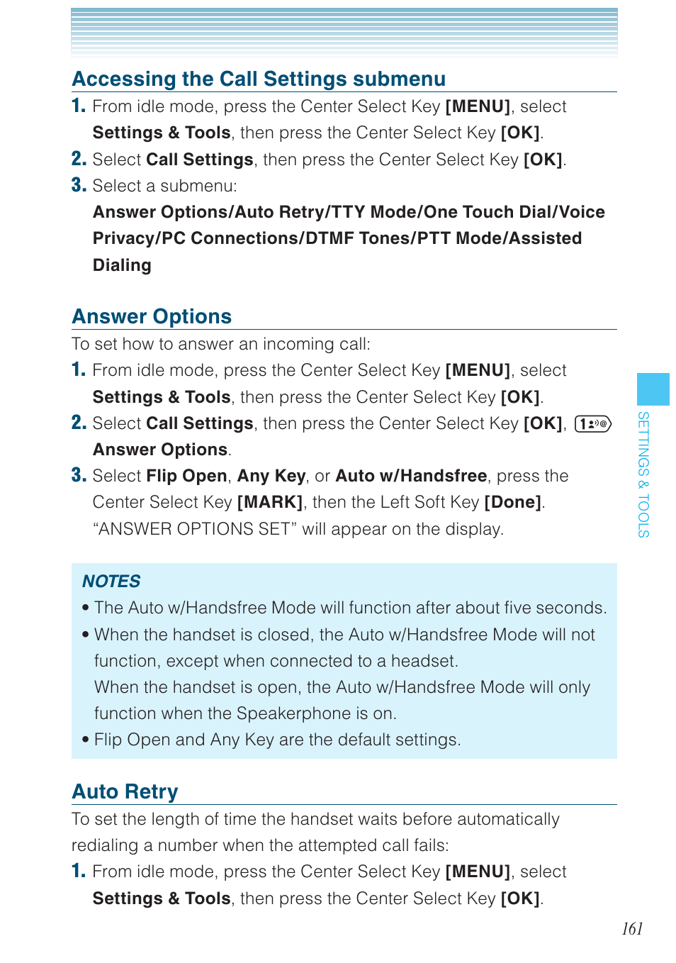 Accessing the call settings submenu, Answer options, Auto retry | Casio G'zOne Ravine User Manual | Page 162 / 212
