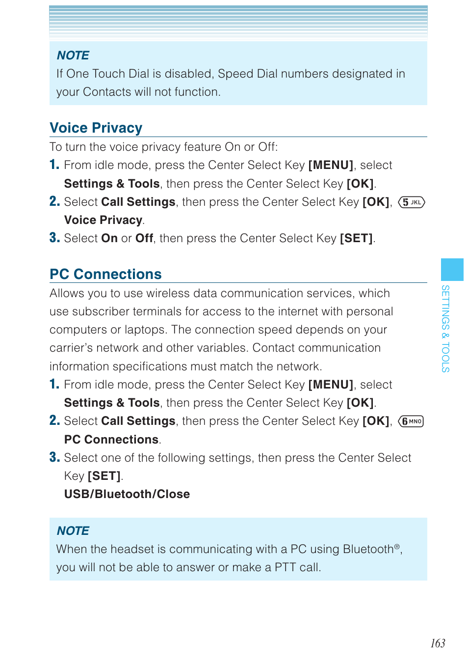 Voice privacy, Pc connections | Casio G'zOne Ravine User Manual | Page 164 / 212