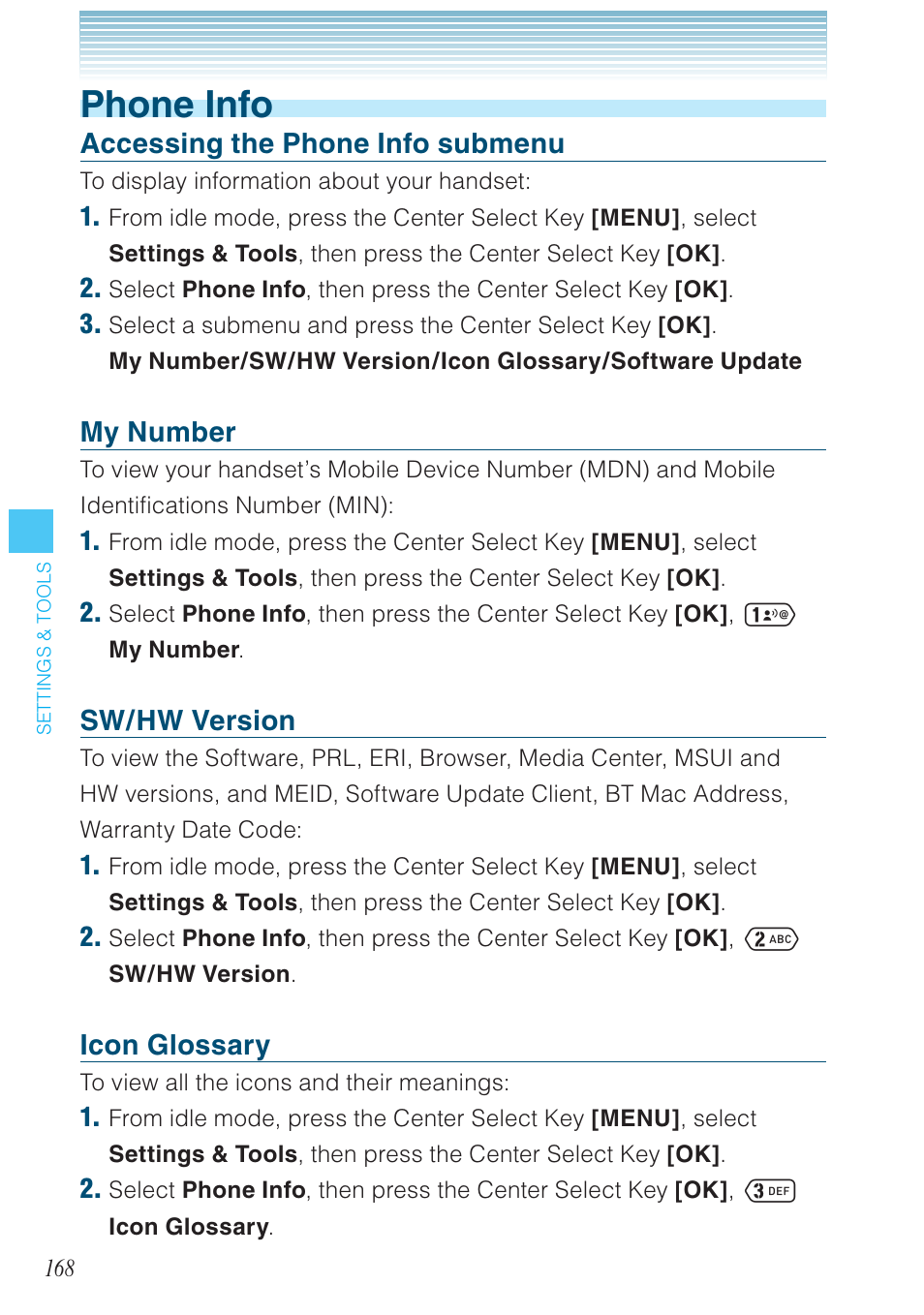 Phone info, Accessing the phone info submenu, My number | Sw/hw version, Icon glossary | Casio G'zOne Ravine User Manual | Page 169 / 212