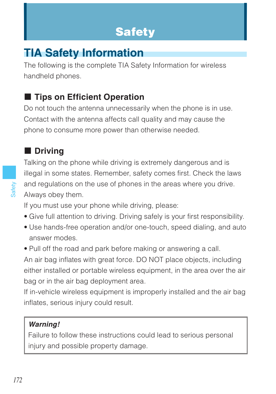Tia safety information, Safety, Tips on efficient operation | Driving | Casio G'zOne Ravine User Manual | Page 173 / 212