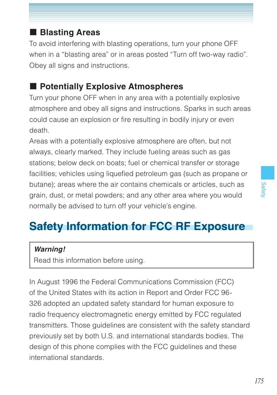 Safety information for fcc rf exposure, Blasting areas, Potentially explosive atmospheres | Casio G'zOne Ravine User Manual | Page 176 / 212