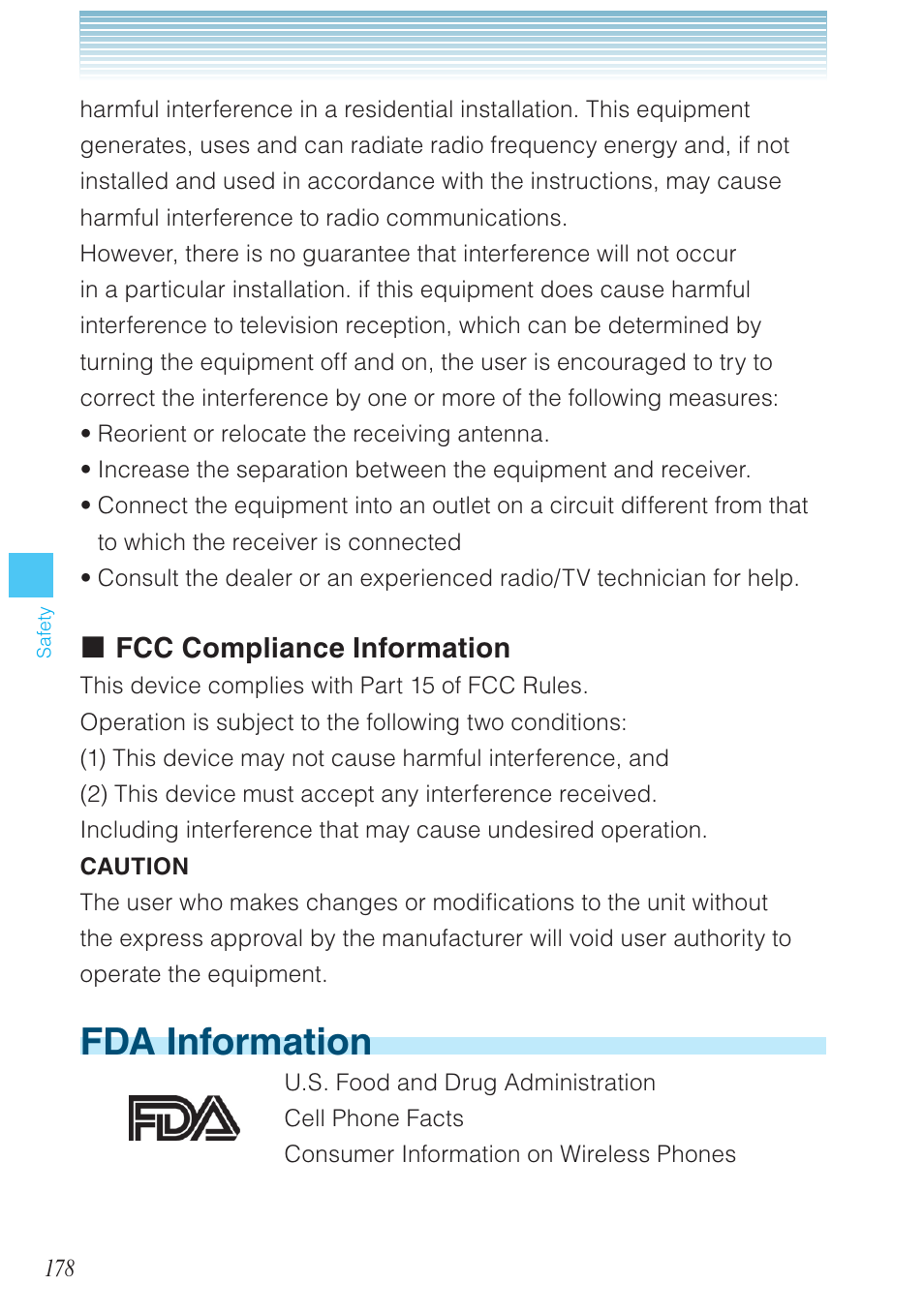 Fda information, Fcc compliance information | Casio G'zOne Ravine User Manual | Page 179 / 212