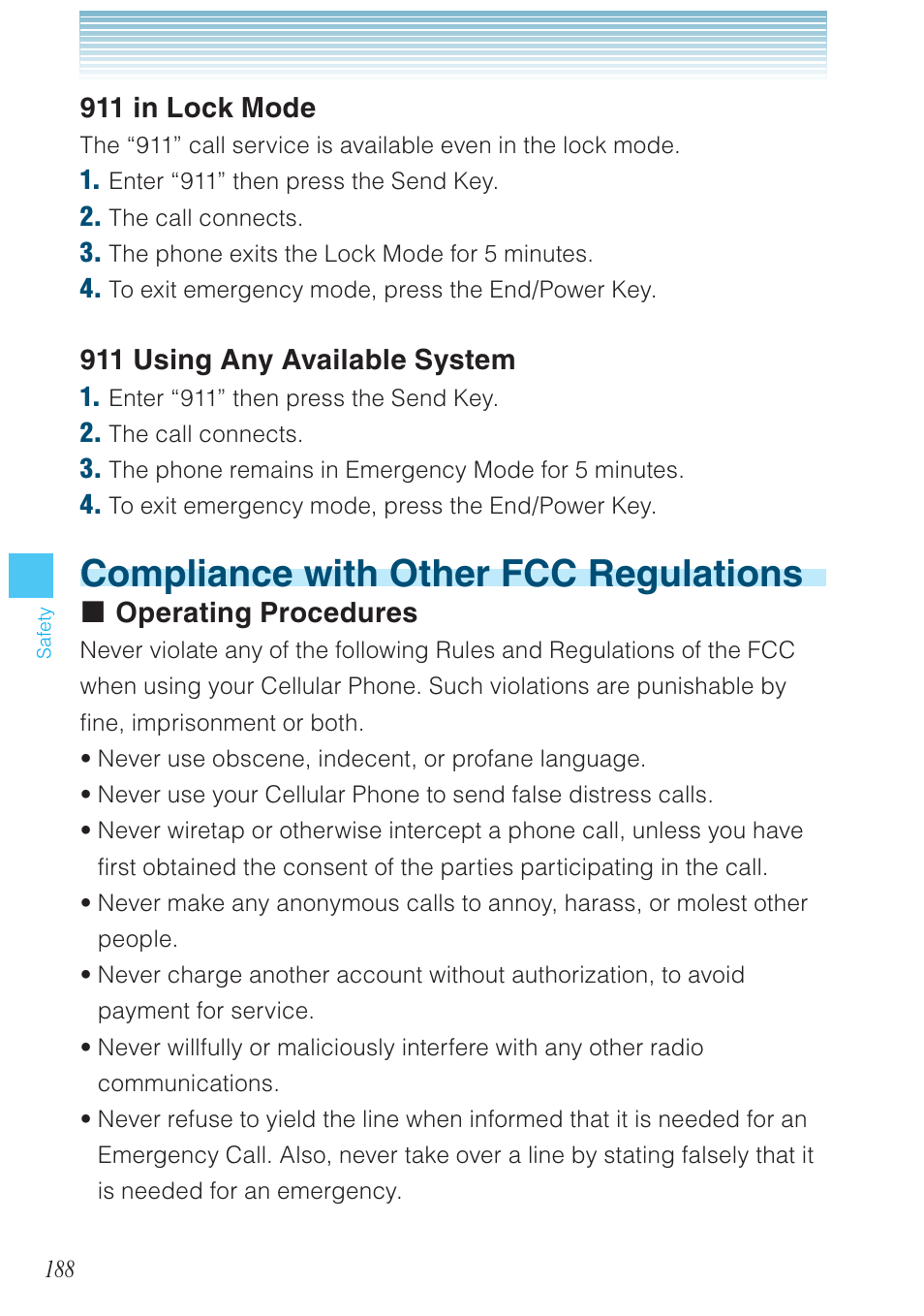 Compliance with other fcc regulations, 911 in lock mode, 911 using any available system | Operating procedures | Casio G'zOne Ravine User Manual | Page 189 / 212