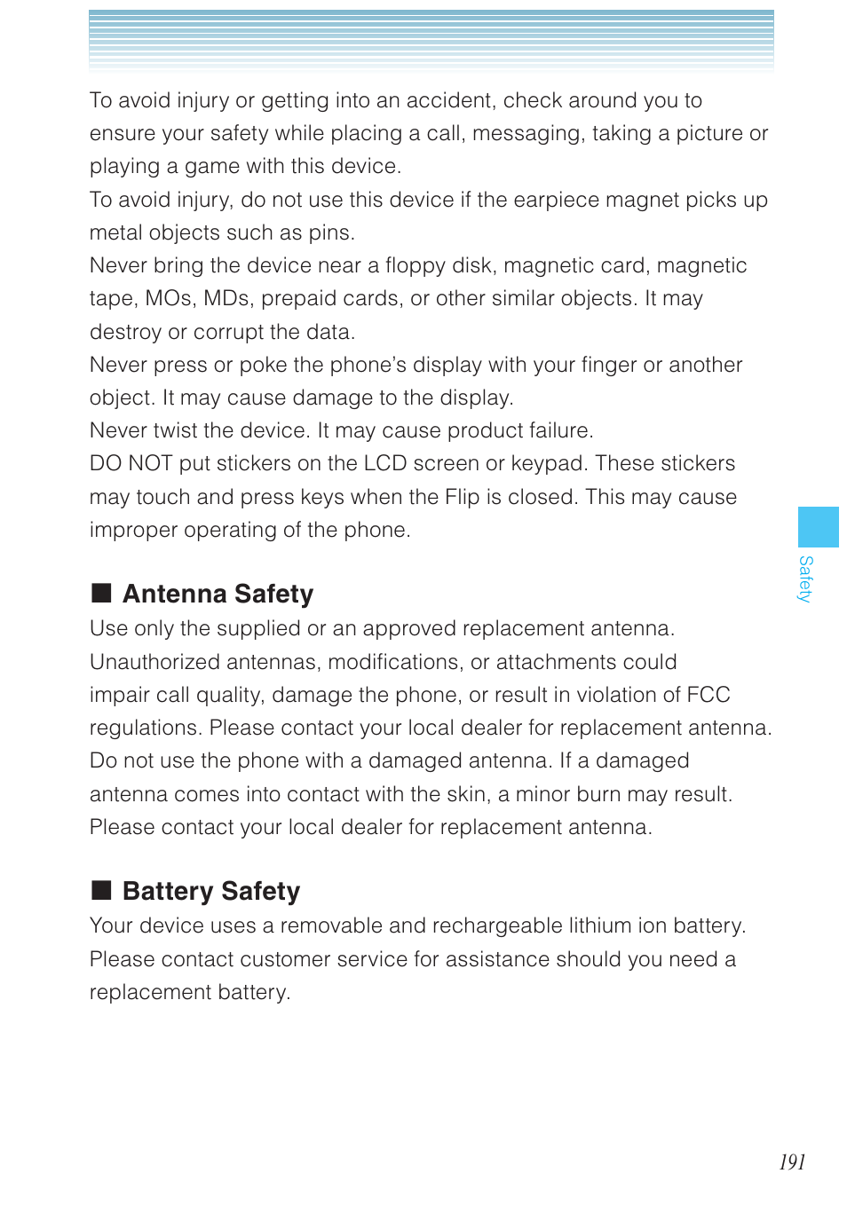 Antenna safety, Battery safety | Casio G'zOne Ravine User Manual | Page 192 / 212