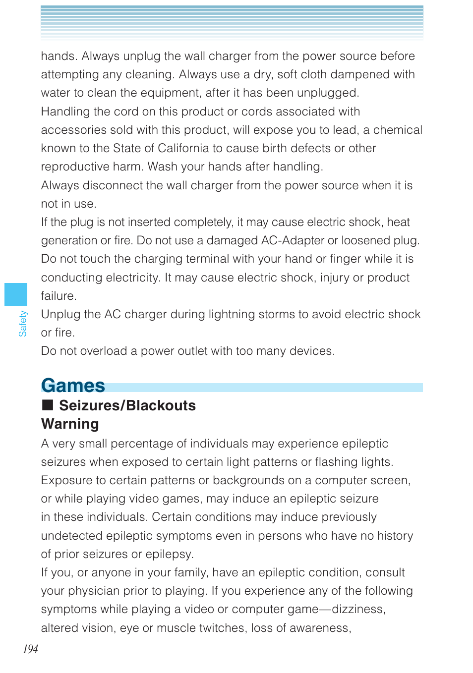 Games, Seizures/blackouts warning | Casio G'zOne Ravine User Manual | Page 195 / 212