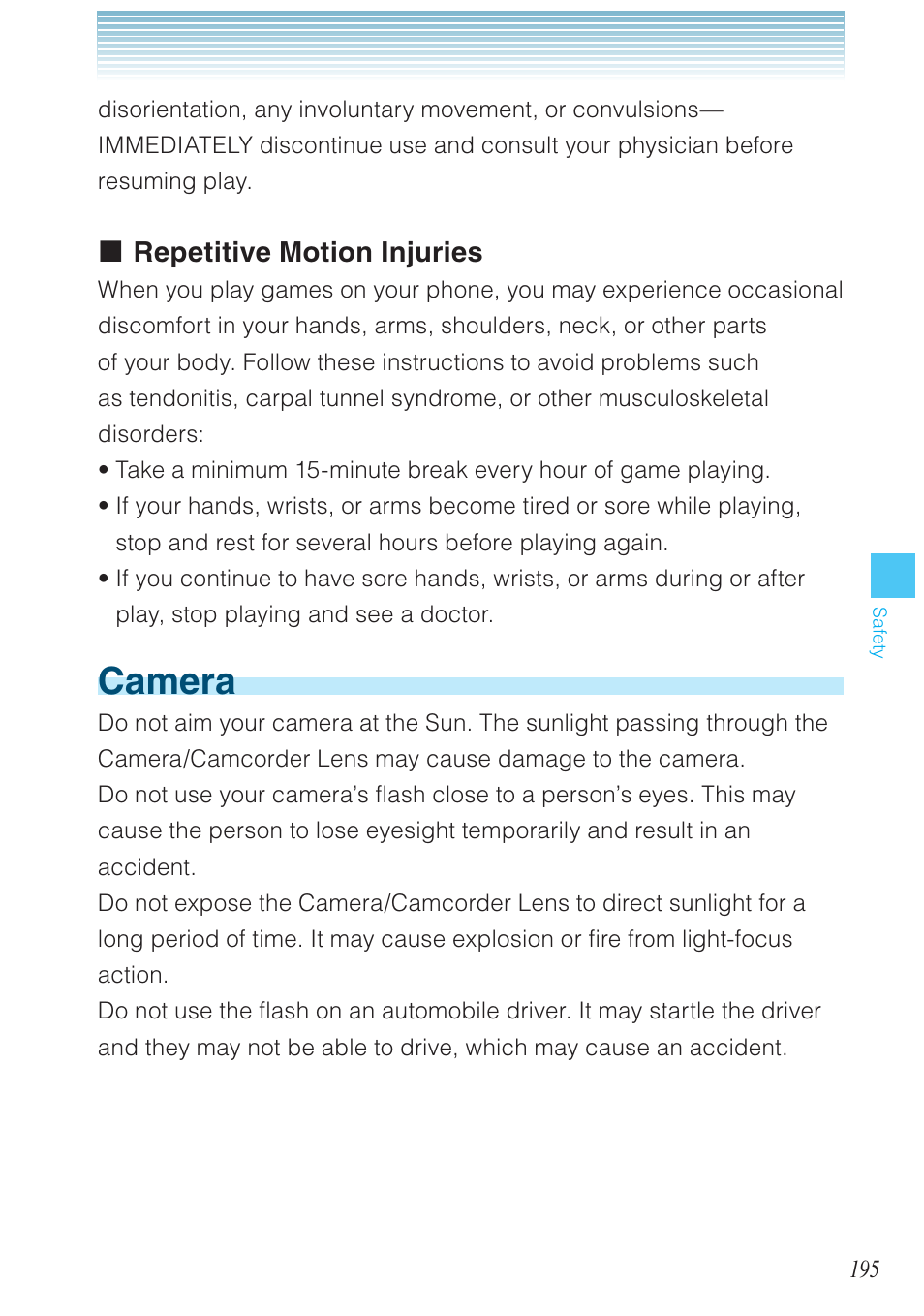 Camera, Repetitive motion injuries | Casio G'zOne Ravine User Manual | Page 196 / 212