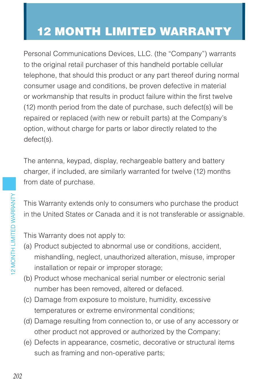 12 month limited warranty | Casio G'zOne Ravine User Manual | Page 203 / 212