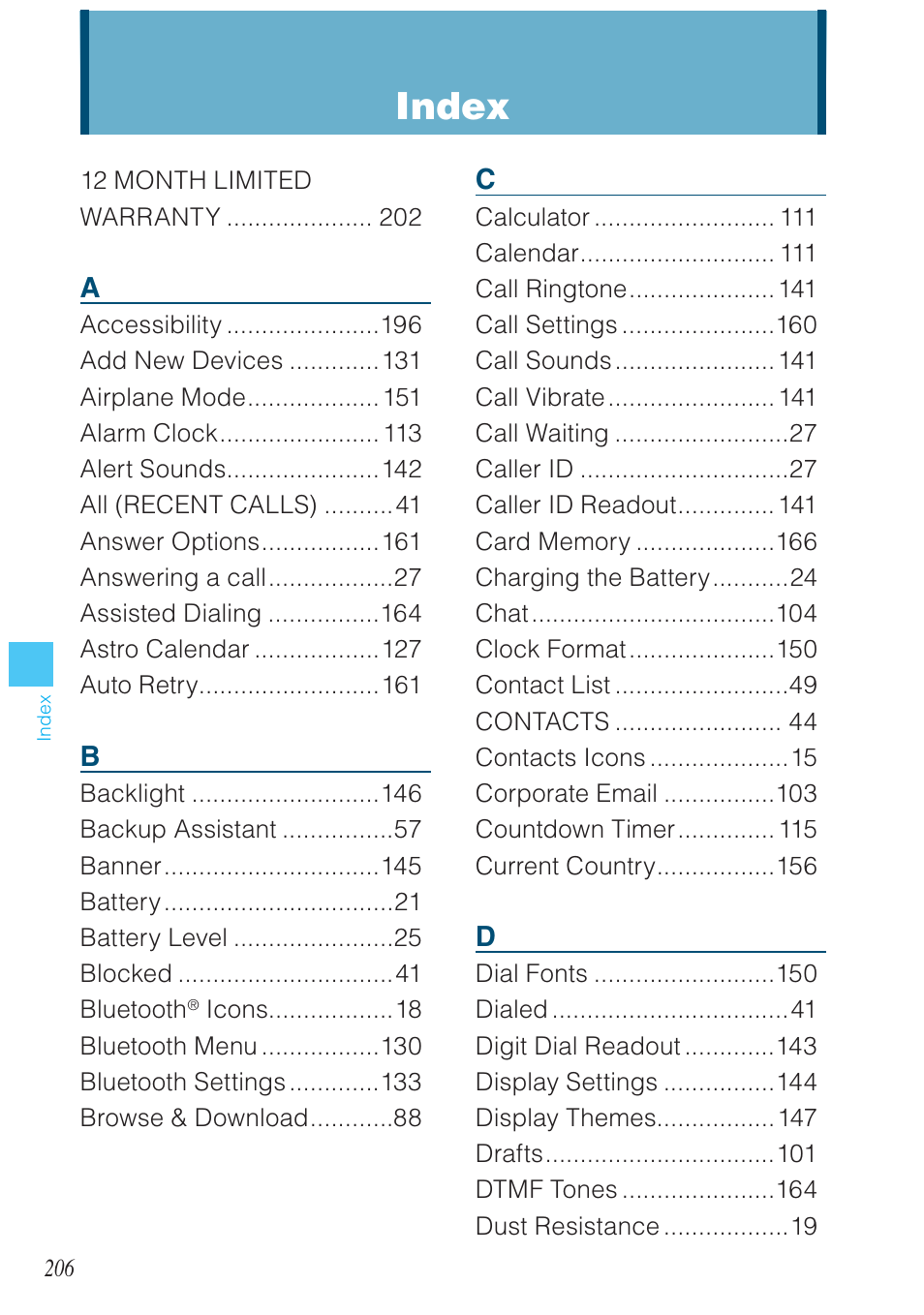 Index | Casio G'zOne Ravine User Manual | Page 207 / 212