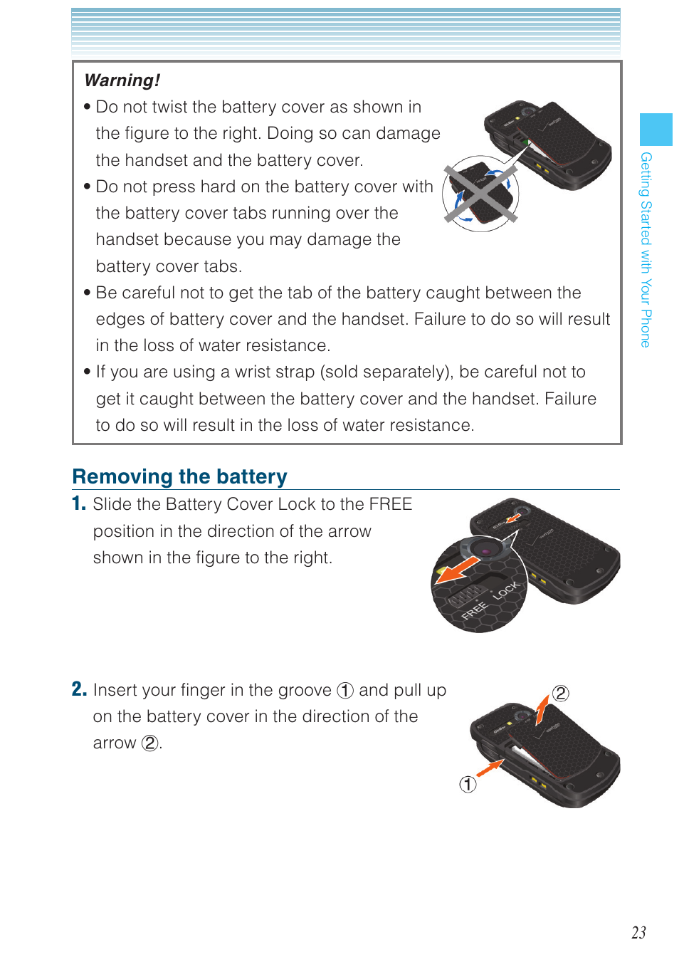 Removing the battery | Casio G'zOne Ravine User Manual | Page 24 / 212