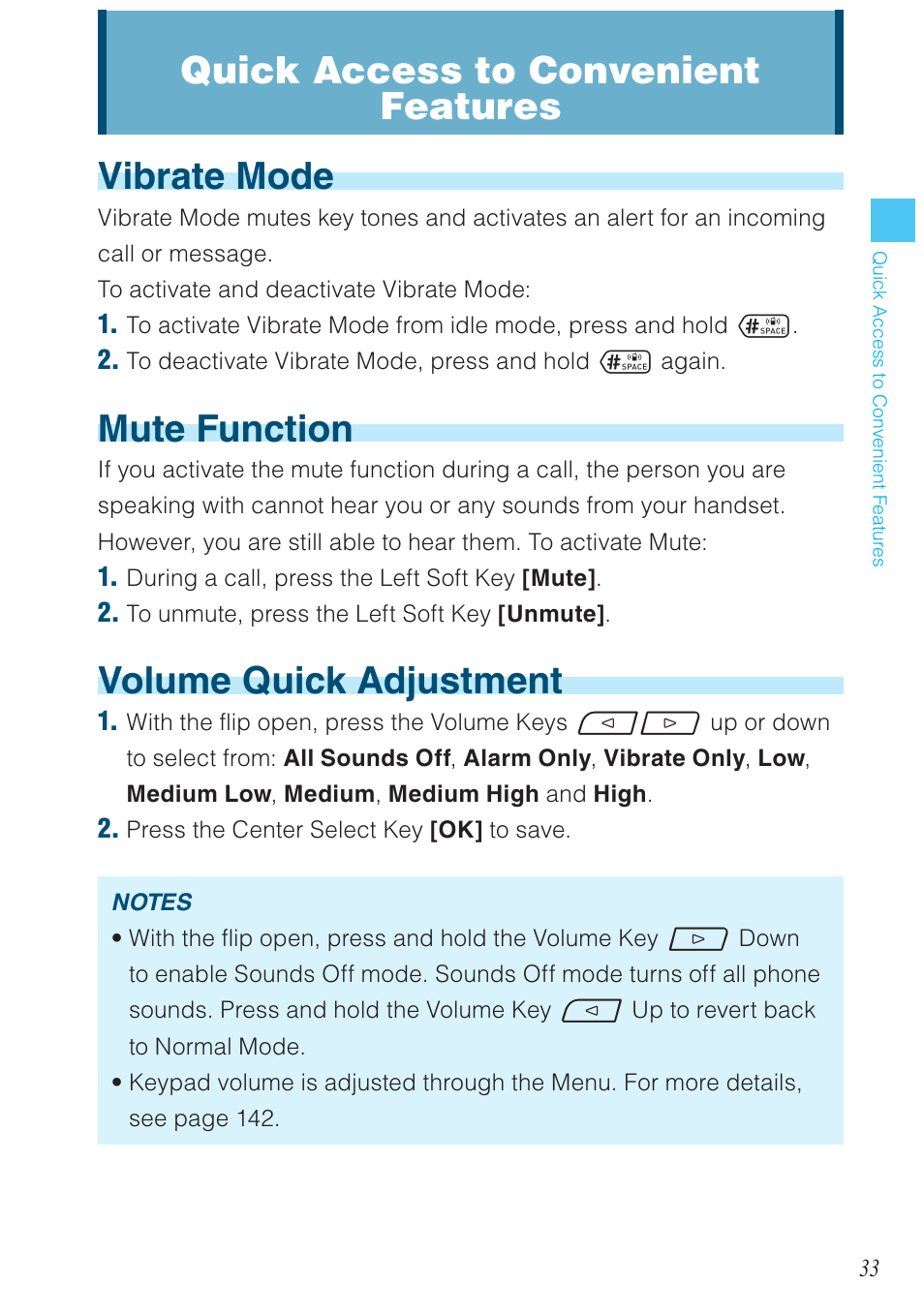 Vibrate mode, Mute function, Volume quick adjustment | Quick access to convenient features | Casio G'zOne Ravine User Manual | Page 34 / 212