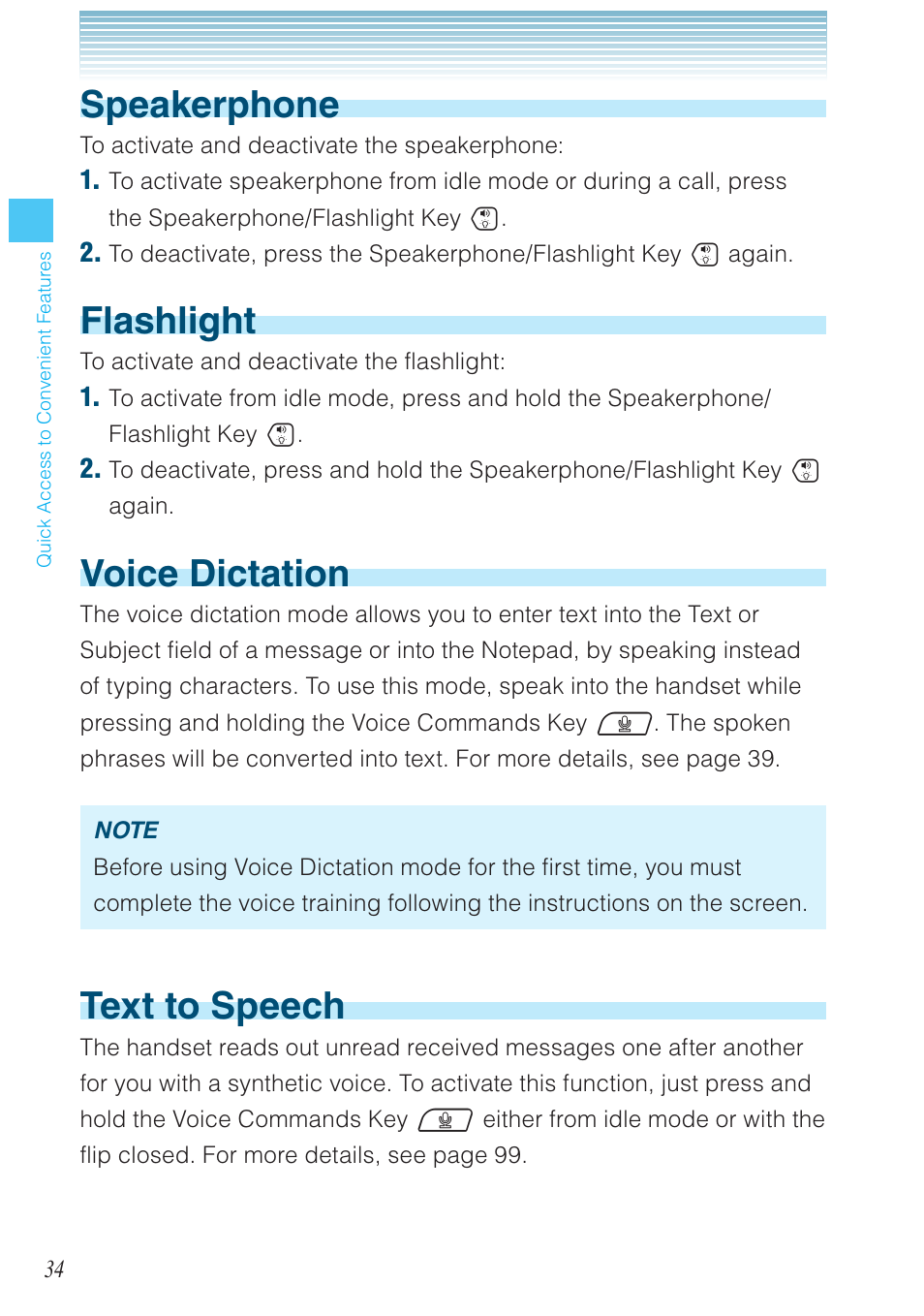 Speakerphone, Flashlight, Voice dictation | Text to speech | Casio G'zOne Ravine User Manual | Page 35 / 212