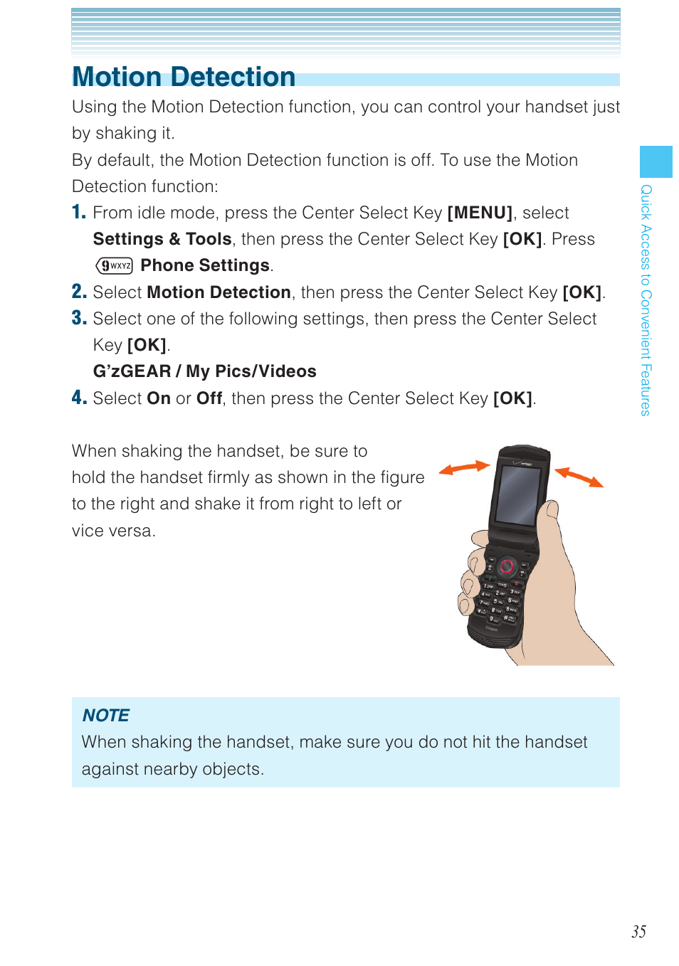 Motion detection | Casio G'zOne Ravine User Manual | Page 36 / 212