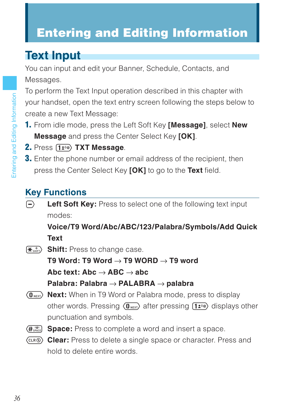 Text input, Entering and editing information, Key functions | Casio G'zOne Ravine User Manual | Page 37 / 212