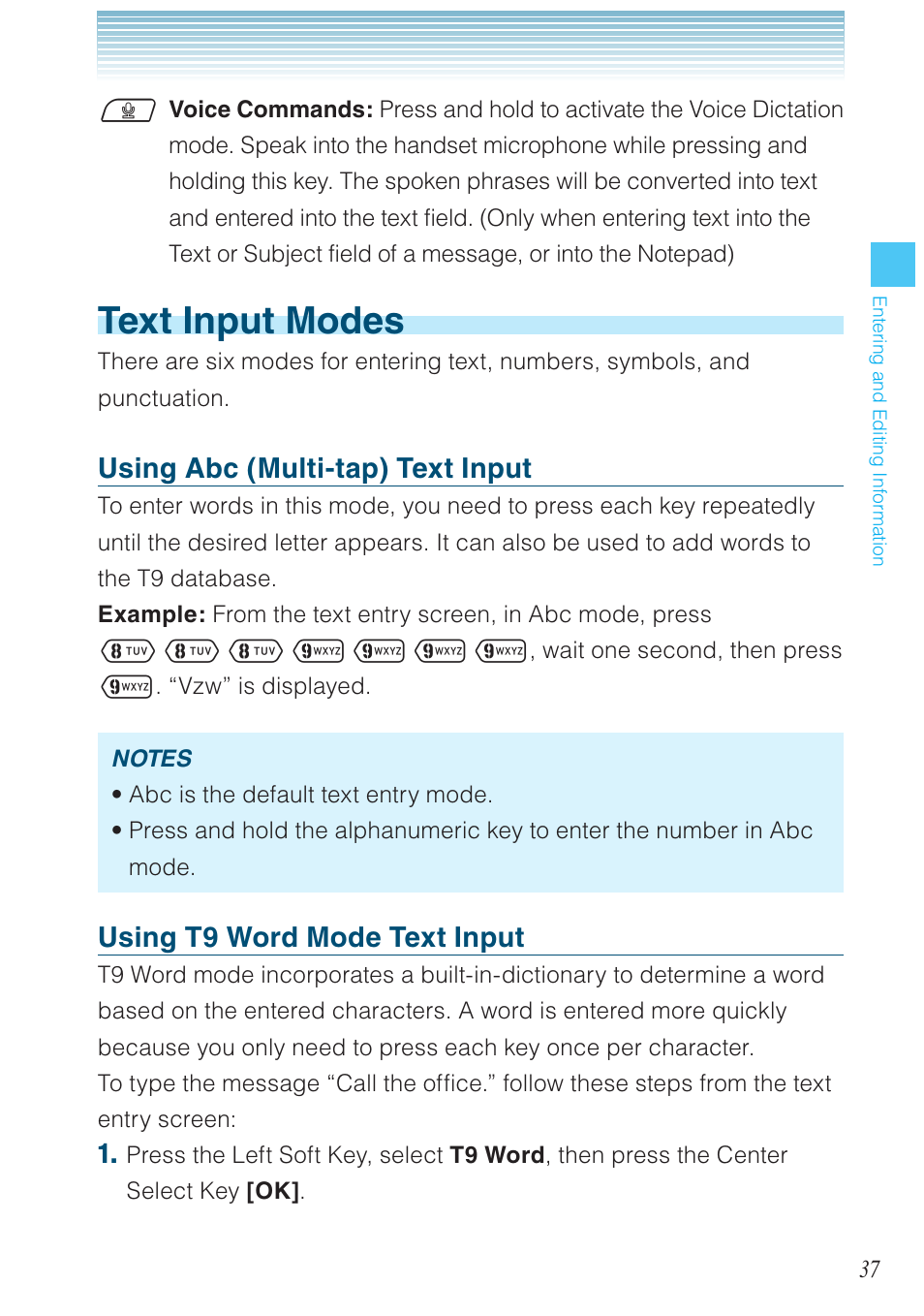 Text input modes, Using abc (multi-tap) text input, Using t9 word mode text input | Casio G'zOne Ravine User Manual | Page 38 / 212