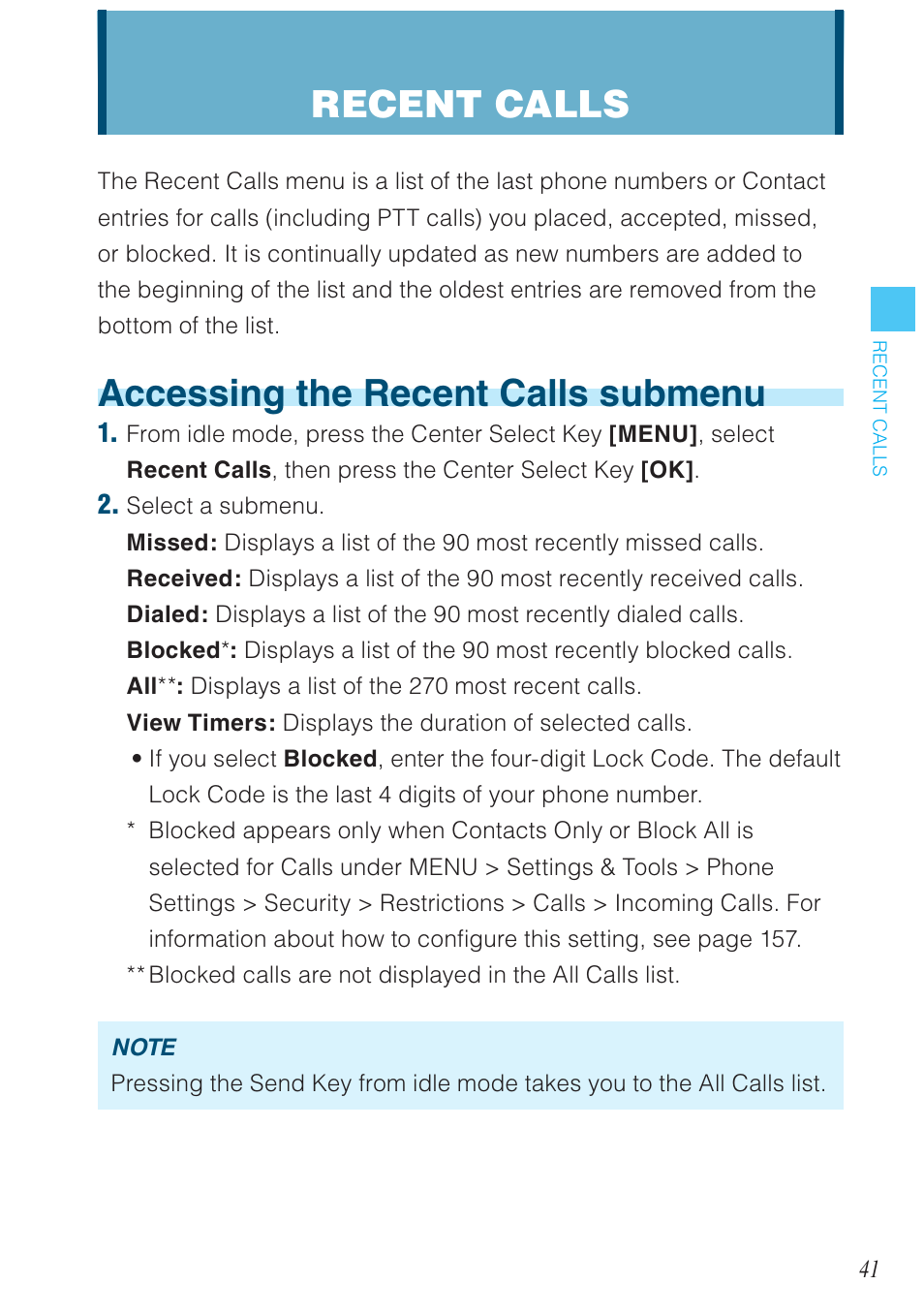 Accessing the recent calls submenu, Recent calls | Casio G'zOne Ravine User Manual | Page 42 / 212