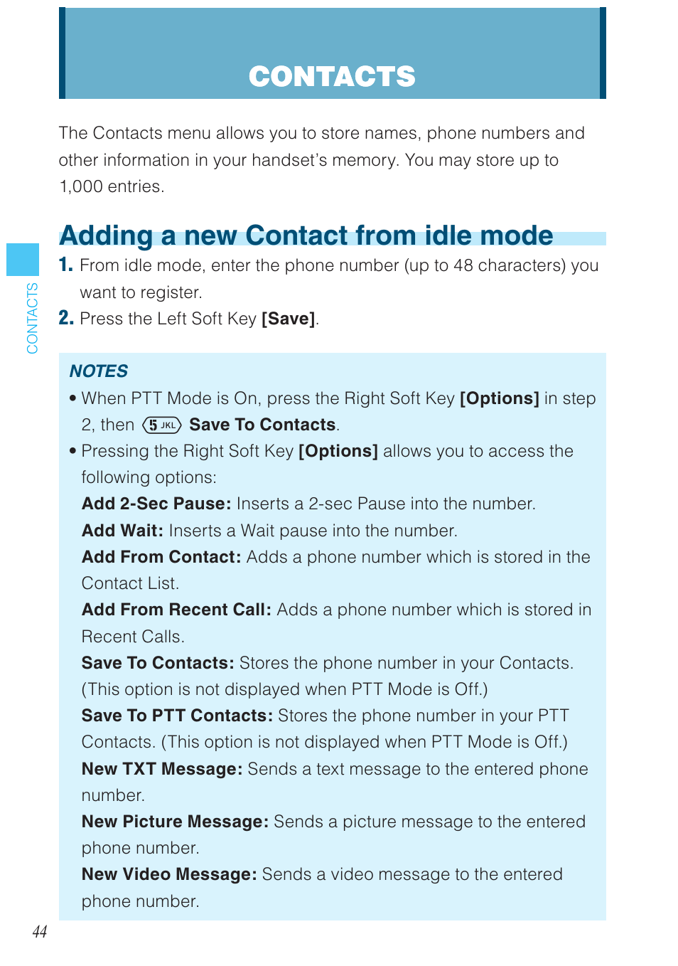 Contacts, Adding a new contact from idle mode | Casio G'zOne Ravine User Manual | Page 45 / 212