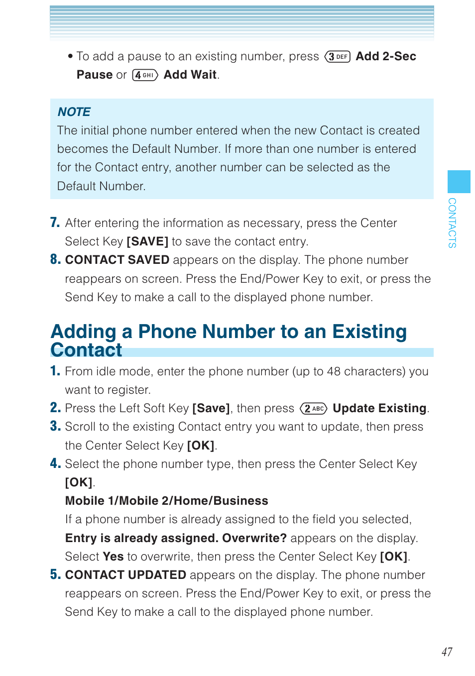Adding a phone number to an existing contact | Casio G'zOne Ravine User Manual | Page 48 / 212