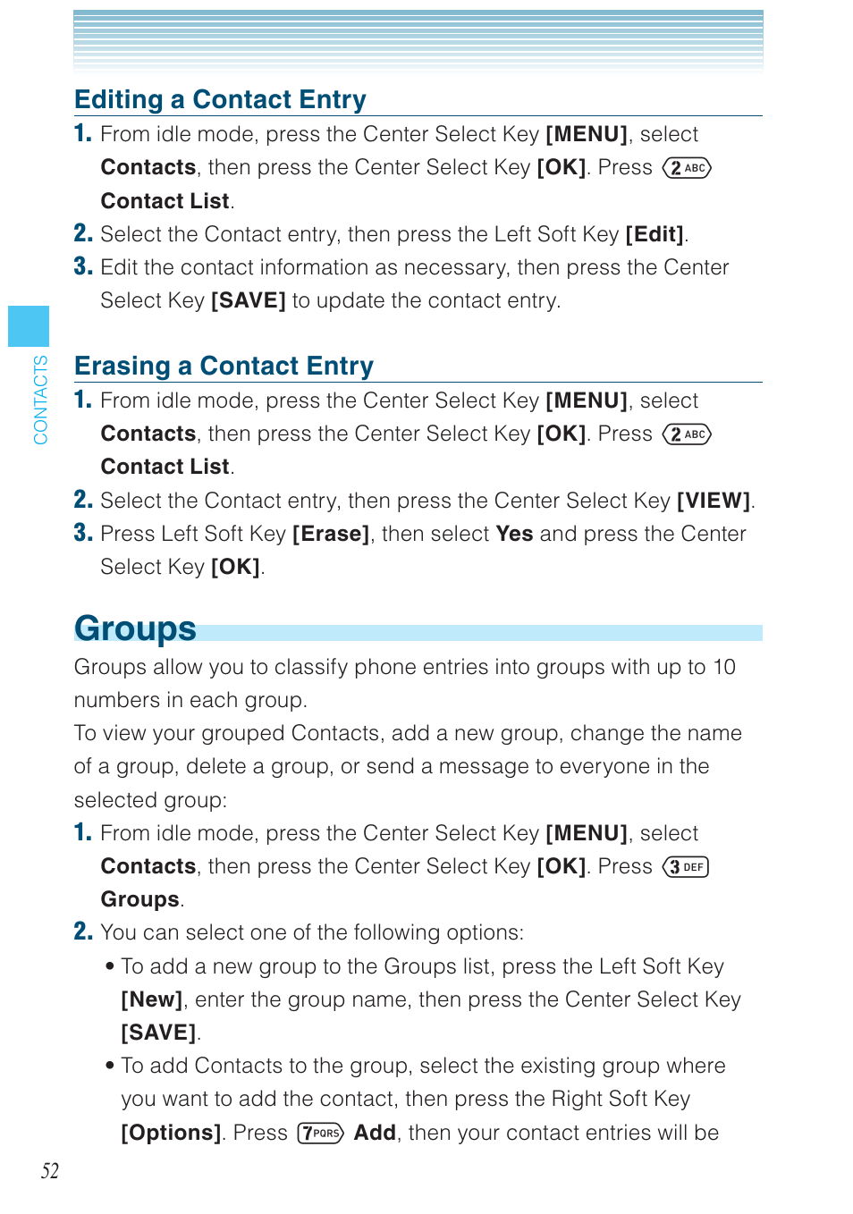 Groups, Editing a contact entry, Erasing a contact entry | Casio G'zOne Ravine User Manual | Page 53 / 212