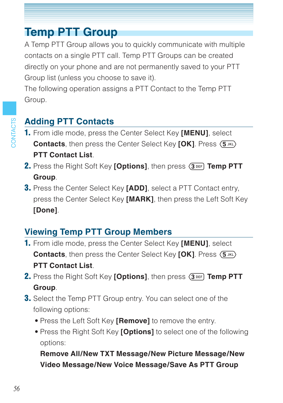 Temp ptt group, Adding ptt contacts, Viewing temp ptt group members | Casio G'zOne Ravine User Manual | Page 57 / 212