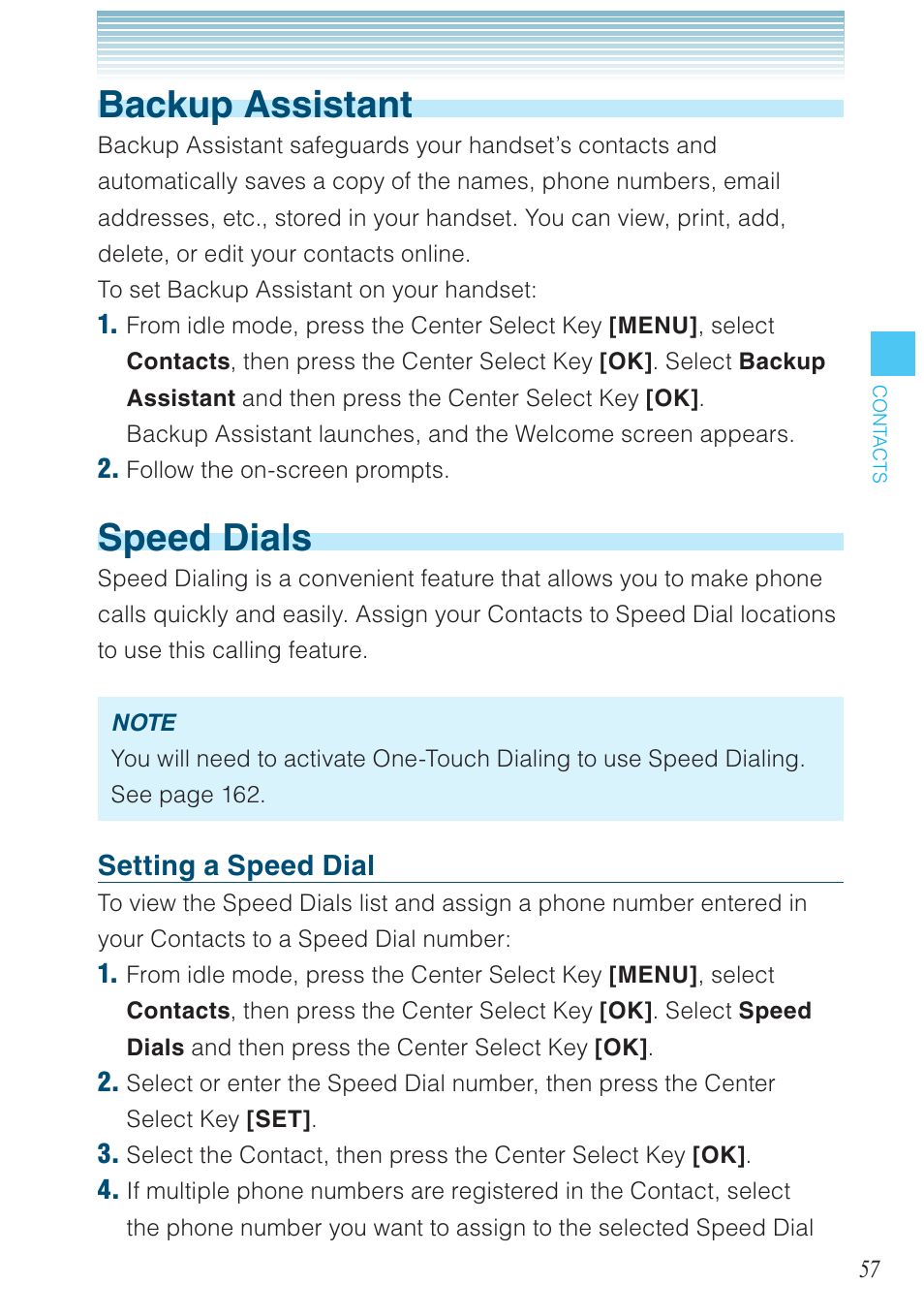 Backup assistant, Speed dials, Setting a speed dial | Casio G'zOne Ravine User Manual | Page 58 / 212