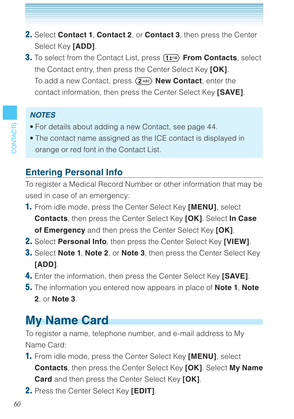 My name card, Entering personal info | Casio G'zOne Ravine User Manual | Page 61 / 212