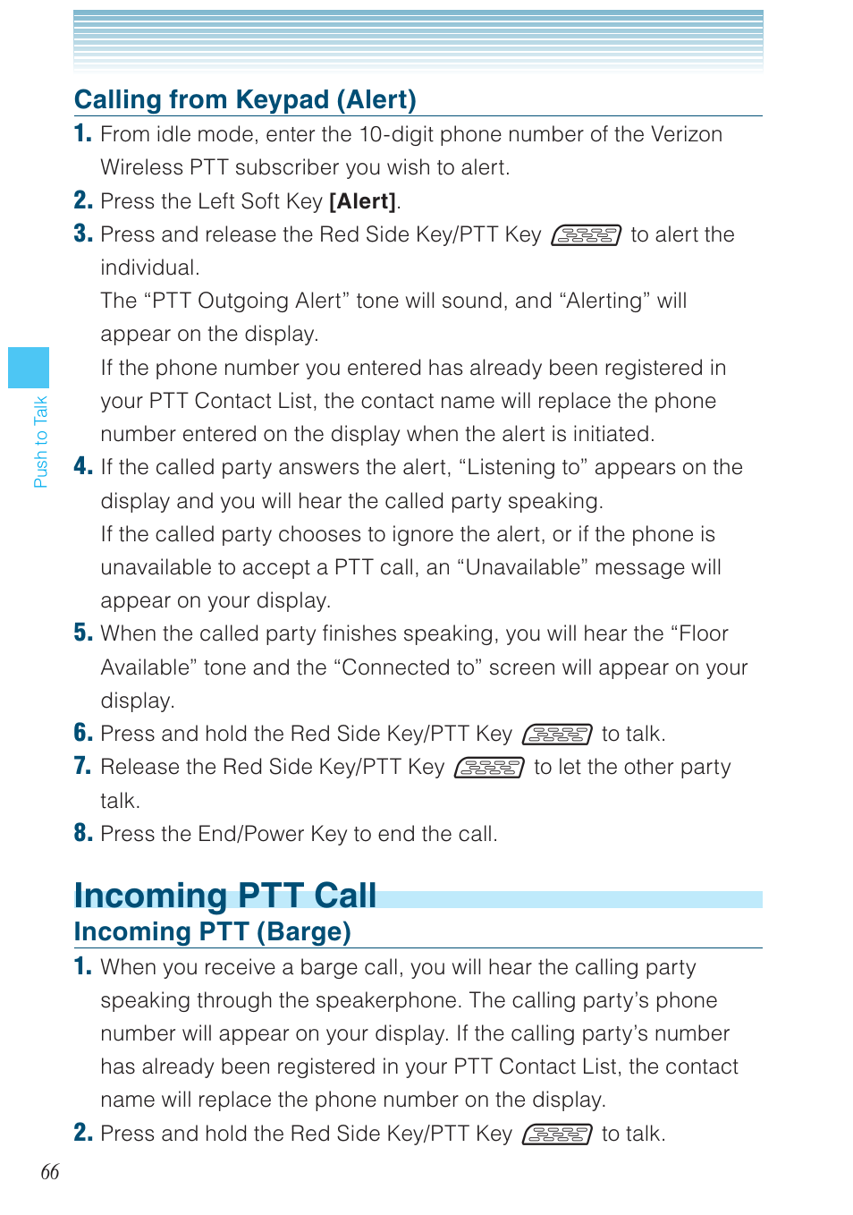Incoming ptt call, Calling from keypad (alert), Incoming ptt (barge) | Casio G'zOne Ravine User Manual | Page 67 / 212