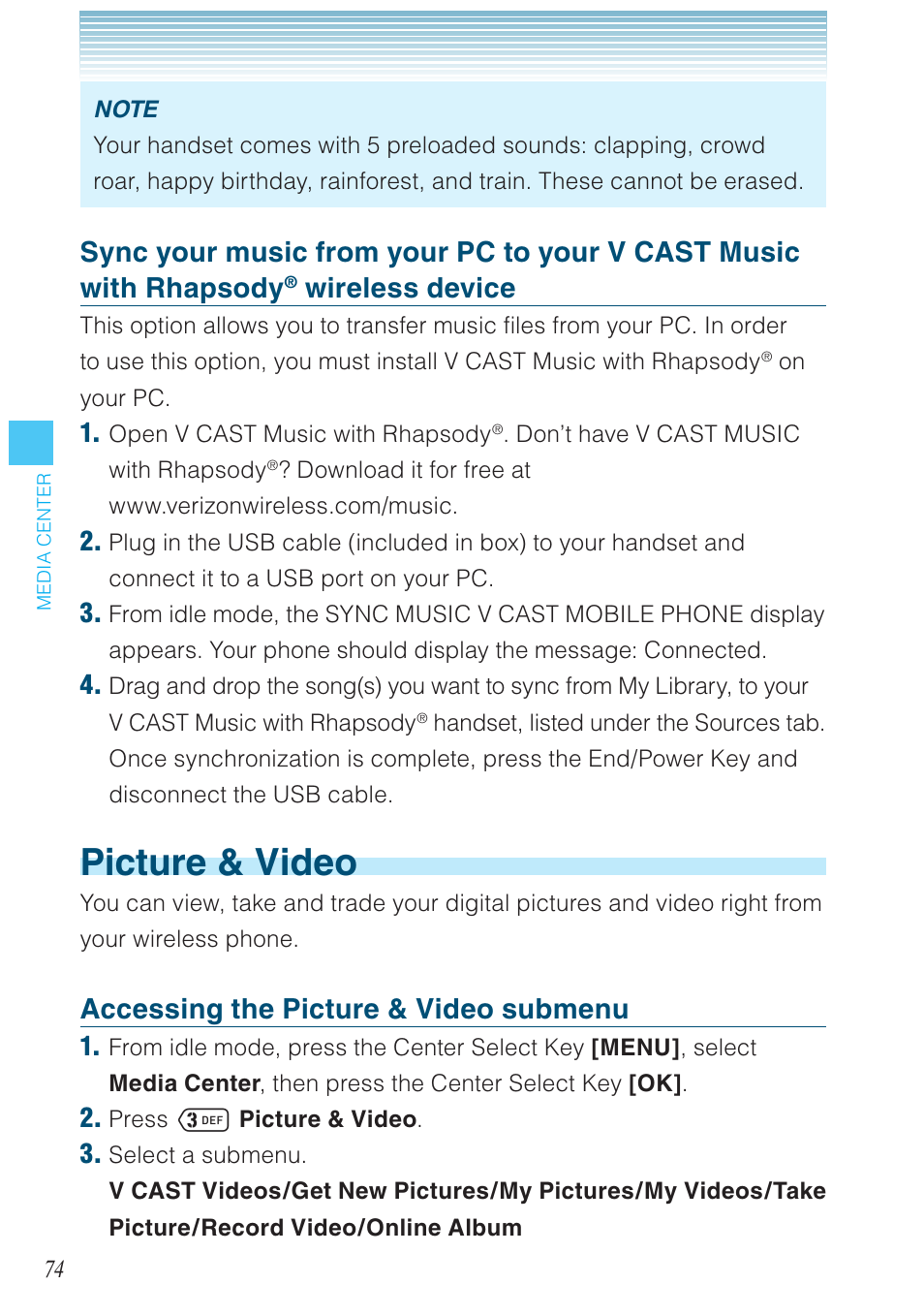 Picture & video, Wireless device, Accessing the picture & video submenu | Casio G'zOne Ravine User Manual | Page 75 / 212
