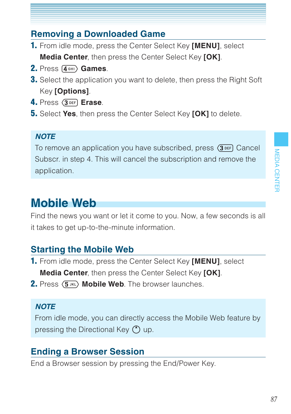 Mobile web, Removing a downloaded game, Starting the mobile web | Ending a browser session | Casio G'zOne Ravine User Manual | Page 88 / 212