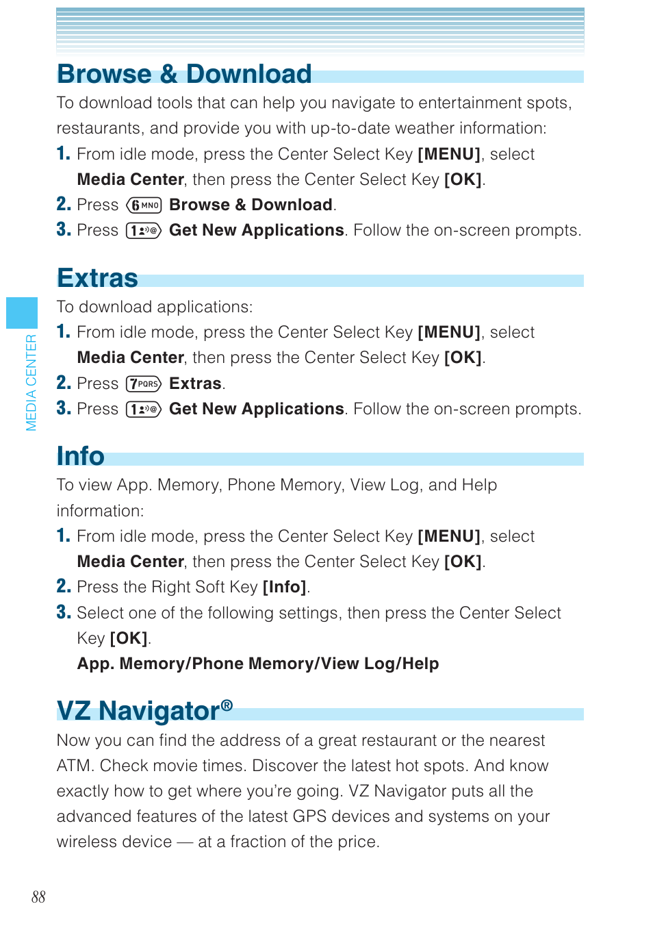 Browse & download, Extras, Info | Vz navigator | Casio G'zOne Ravine User Manual | Page 89 / 212