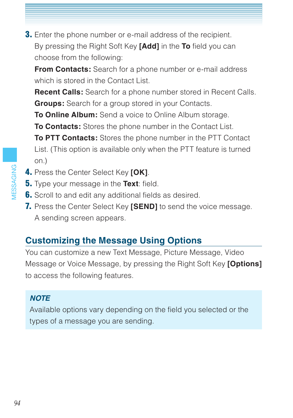 Customizing the message using options | Casio G'zOne Ravine User Manual | Page 95 / 212