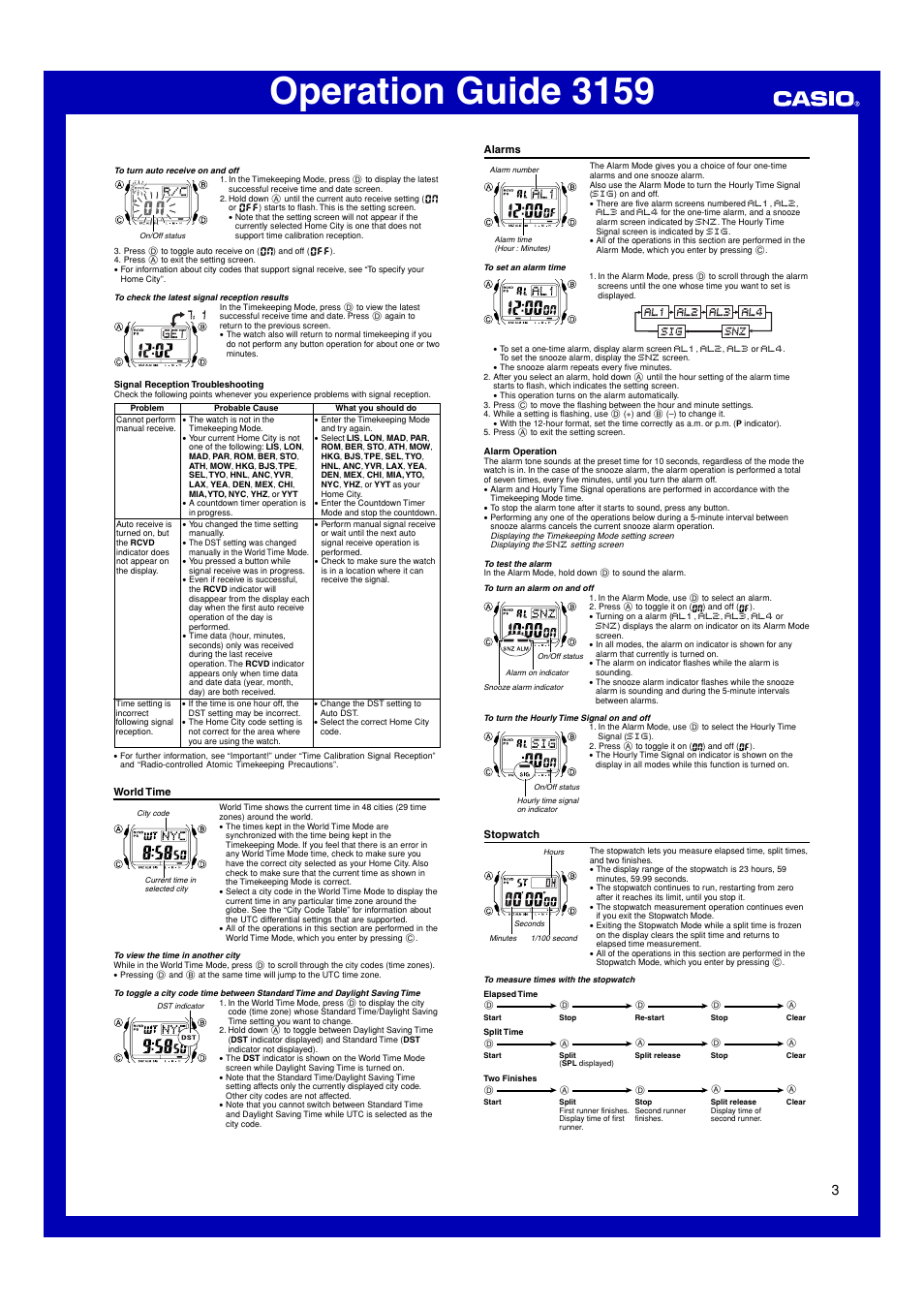 World time, Alarms, Stopwatch | Operation guide 3159 | Casio 3159 User Manual | Page 3 / 6