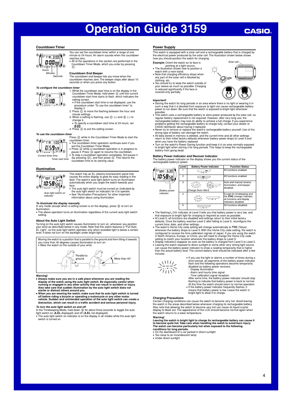 Countdown timer, Illumination, Power supply | Operation guide 3159, L l lll ll ll lll l l l | Casio 3159 User Manual | Page 4 / 6