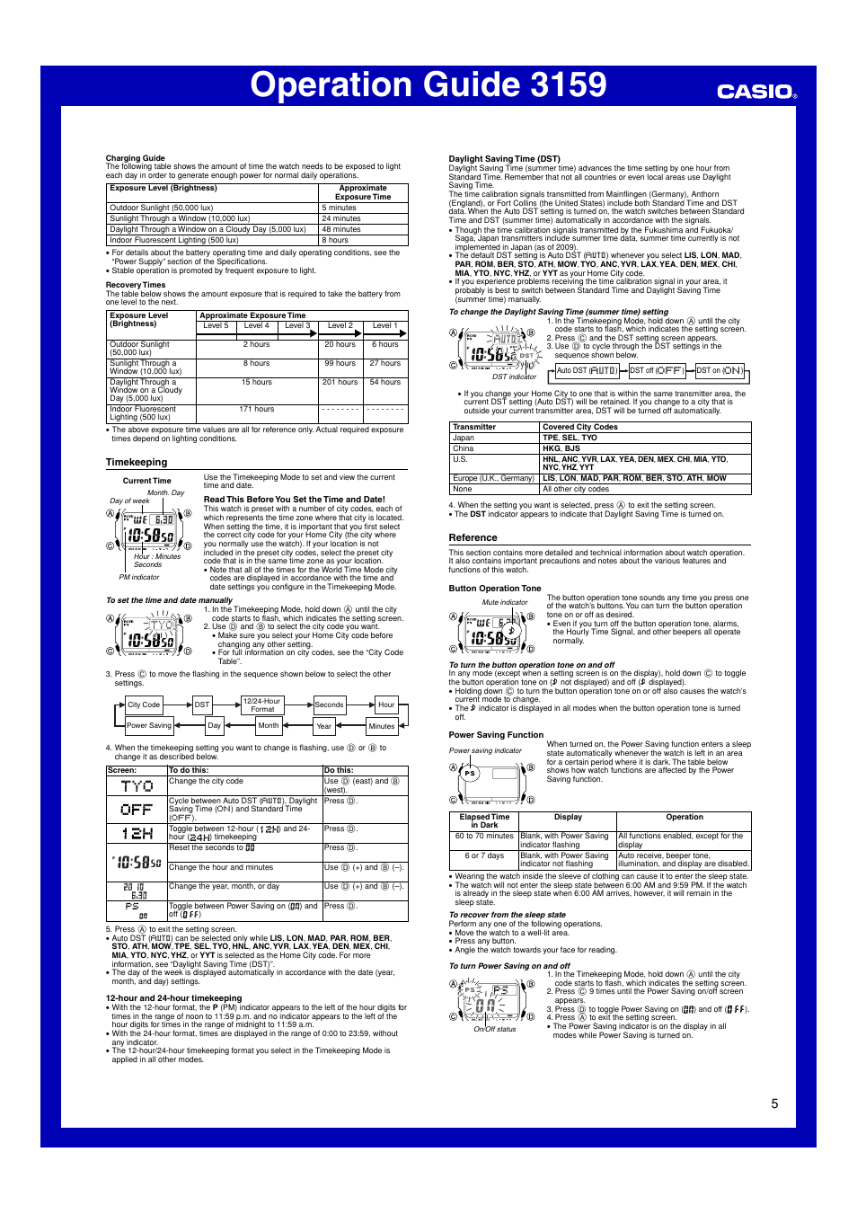 Timekeeping, Reference, Operation guide 3159 | Casio 3159 User Manual | Page 5 / 6