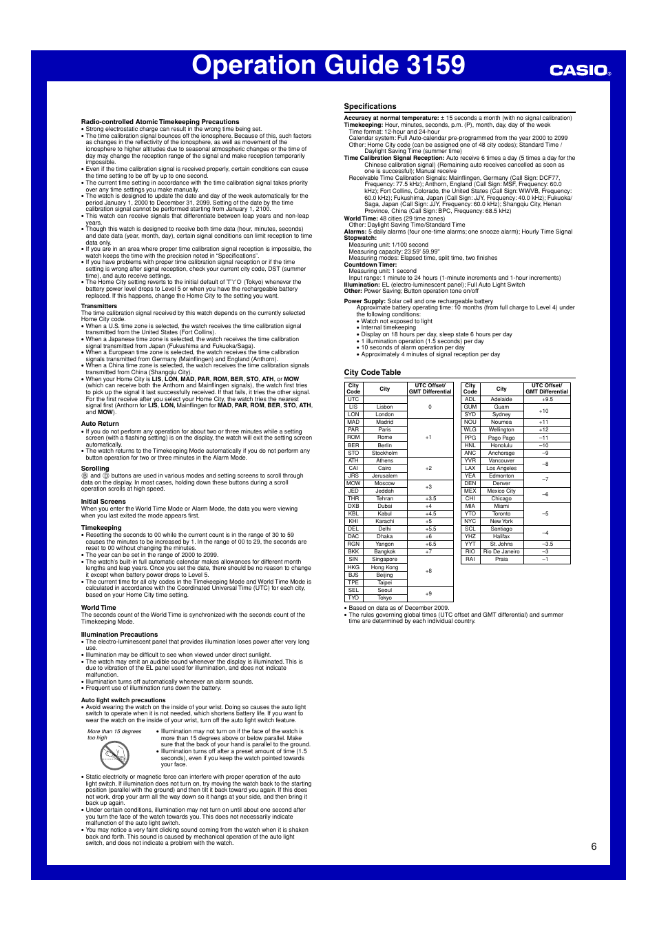 Specifications, City code table, Operation guide 3159 | Casio 3159 User Manual | Page 6 / 6