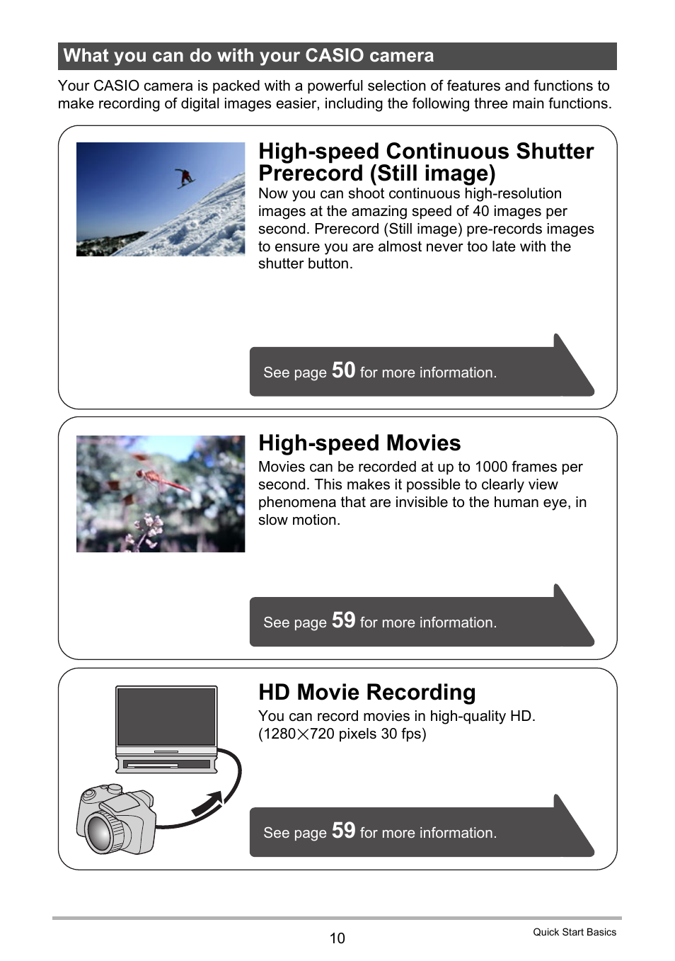 What you can do with your casio camera, Hd movie recording, High-speed movies | Casio EXILIM EX-FH20 User Manual | Page 10 / 176