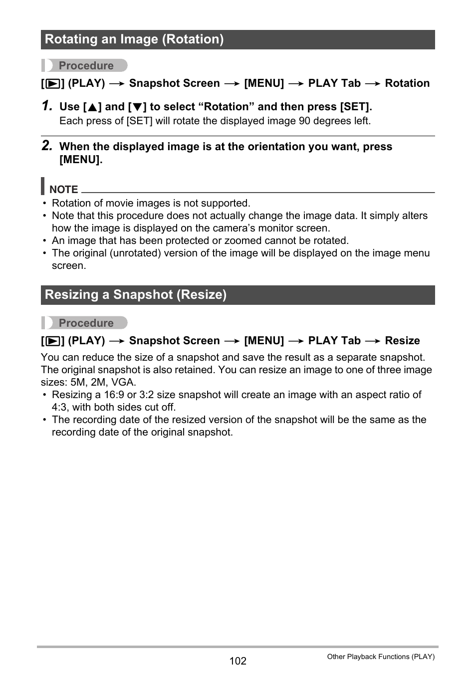 Rotating an image (rotation), Resizing a snapshot (resize) | Casio EXILIM EX-FH20 User Manual | Page 102 / 176